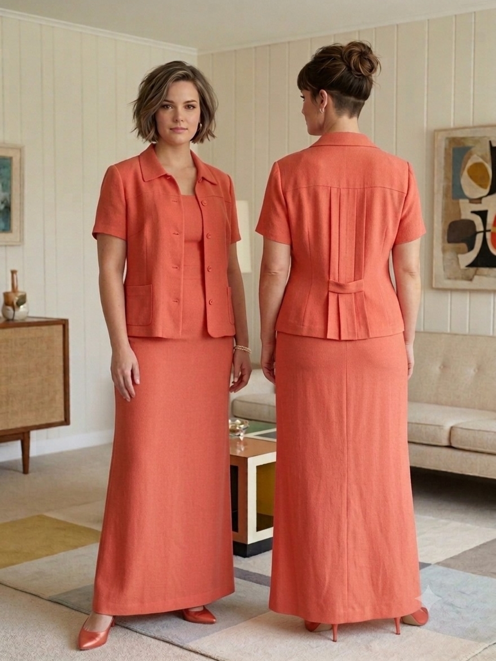 2 PC💝80's VINTAGE Coral JACKET➕Maxi DRESS Set - Coordinated Ensemble Sz 16